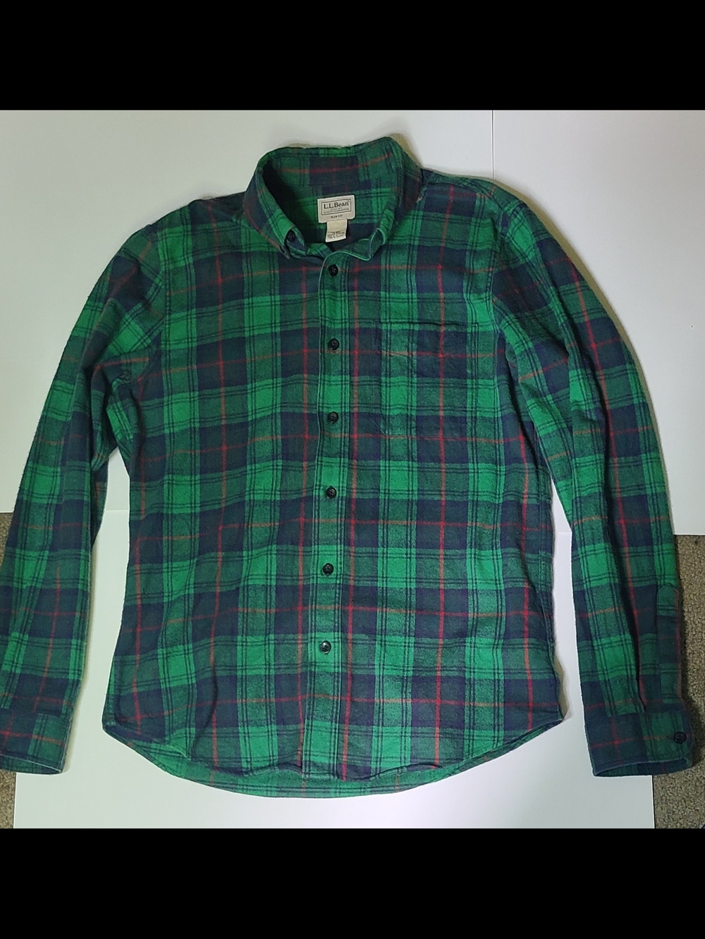 L.L. Bean Green, Navy & Red Plaid Flannel Button-Up Shirt